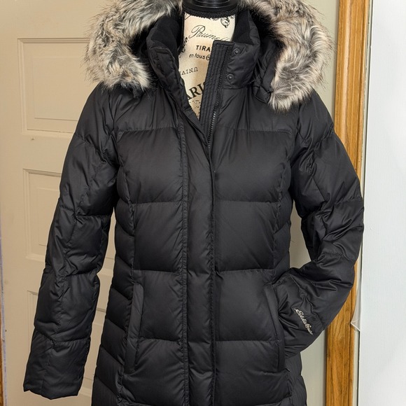 Eddie Bauer Womens Small Petite Black Down Lodge Hooded Duffle Coat Warm Winter - Picture 2 of 15